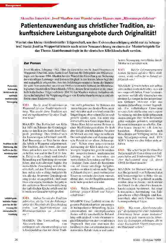 Vorschauseite 1: Patientenzuwendung aus christlicher Tradition, zukunftssichere Leistungsangebote durch Originalität! Aktuelles Interview: Josef Maaßen zum Wandel seines Hauses zum Rheumaspezialis…