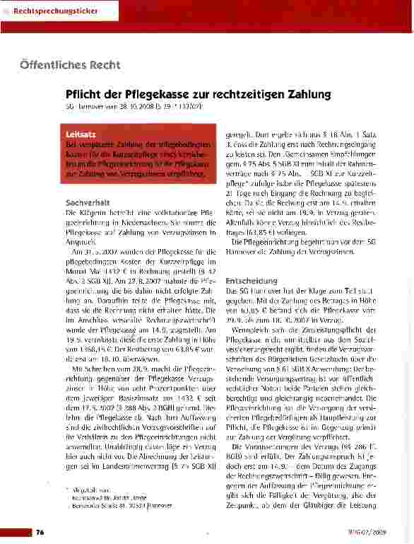 Vorschauseite 1: Pflicht der Pflegekasse zur rechtzeitigen Zahlung