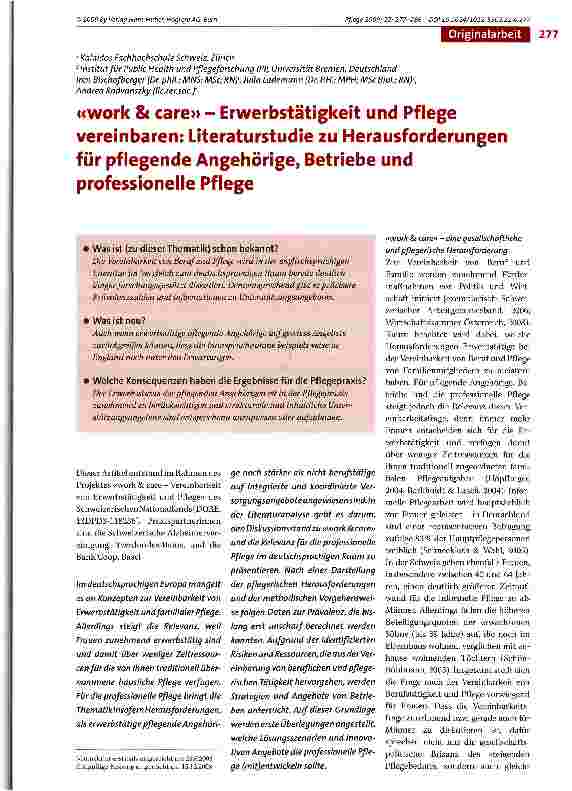 Vorschauseite 1: «work & care» - Erwerbstätigkeit und Pflege vereinbaren: Literaturstudie zu Herausforderungen für pflegende Angehörige, Betriebe und professionelle Pflege