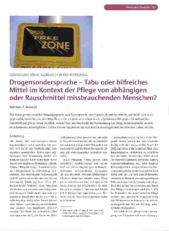 Vorschauseite 1: Drogensondersprache - Tabu oder hilfreiches Mittel im Kontext der Pflege von abhängigen oder Rauschmittel missbrauchenden Menschen?