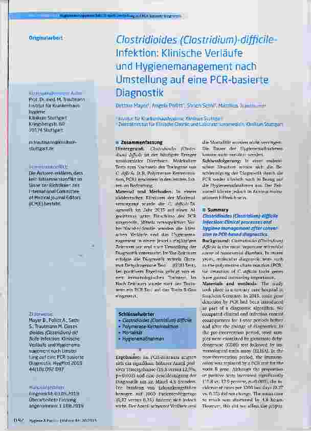 Vorschauseite 1: Clostridioides (Clostridium)-difficile-Infektion: Klinische Veriäufe und Hygienemanagement nach Umsteiiung auf eine PCR-basierte Diagnostik