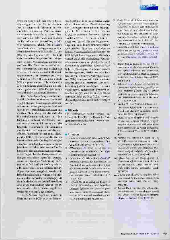 Vorschauseite 6: Clostridioides (Clostridium)-difficile-Infektion: Klinische Veriäufe und Hygienemanagement nach Umsteiiung auf eine PCR-basierte Diagnostik