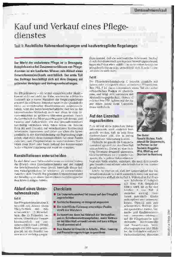 Vorschauseite 1: Kauf und Verkauf eines Pflegedienstes Teil 1: Rechtliche Rahmenbedingungen und kaufvertragliche Regelungen