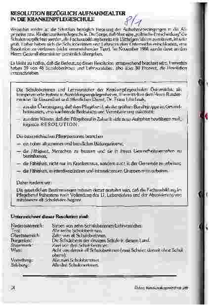Vorschauseite 1: Resolution bezüglich Aufnahmealter in die Krankenpflegeschule