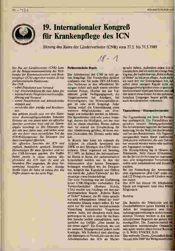 Vorschauseite 1: 19. Internationaler Kongreß für Krankenpflege des ICN Sitzung des Rates der Ländervertreter (CNR) vom 27.-31.5.89