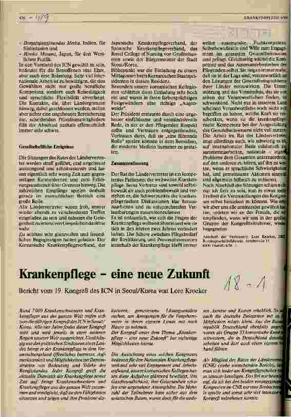 Vorschauseite 4: 19. Internationaler Kongreß für Krankenpflege des ICN Sitzung des Rates der Ländervertreter (CNR) vom 27.-31.5.89