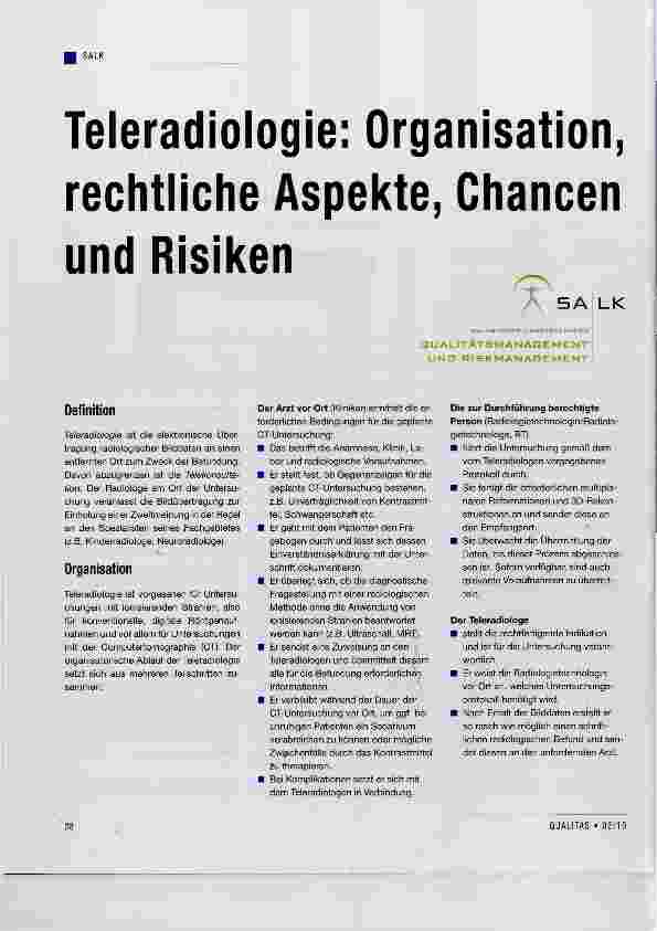 Vorschauseite 1: Teleradiologie; Organisation, rechtliche Aspekte, Chancen und Risiken