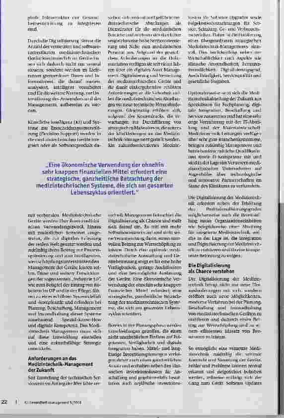 Vorschauseite 2: Medizlntechnlk-Management im Zeitalter der Digitalisierung Die Zeiten der passiven Geräteverwaltung sind endgültig vorbei