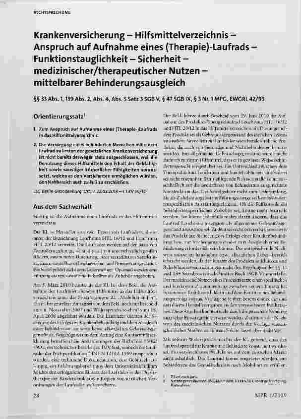 Vorschauseite 1: Krankenversicherung - Hilfsmittelverzeichnis Anspruch auf Aufnahme eines (Therapie)-Laufrads Funktionstauglichkeit Sicherheit medizinischer/therapeutischer Nutzen mittelbarer Behi…