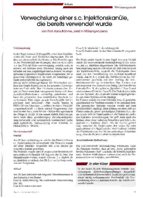Vorschauseite 1: Verwechslung einer s. c. Injektionskanüle, die bereits verwendet wurde