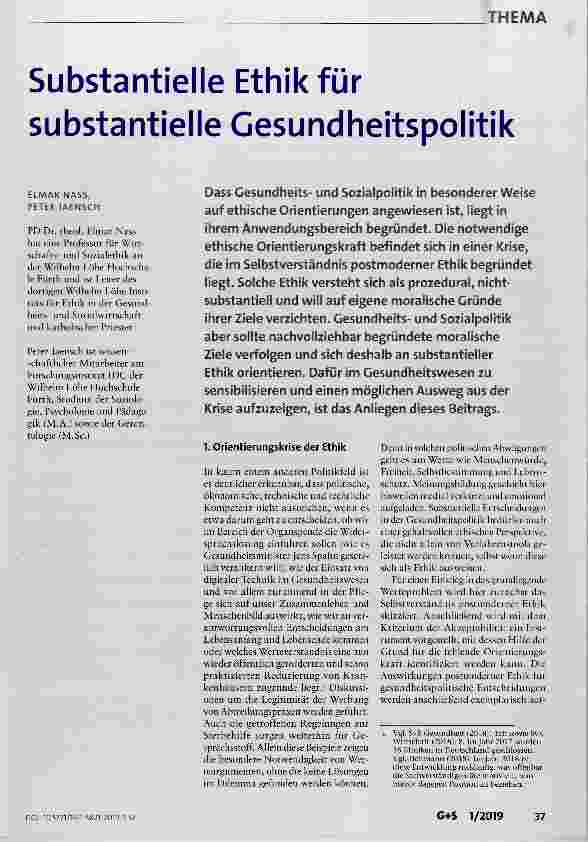 Vorschauseite 1: Substantielle Ethik für substantielle Gesundheitspolitik
