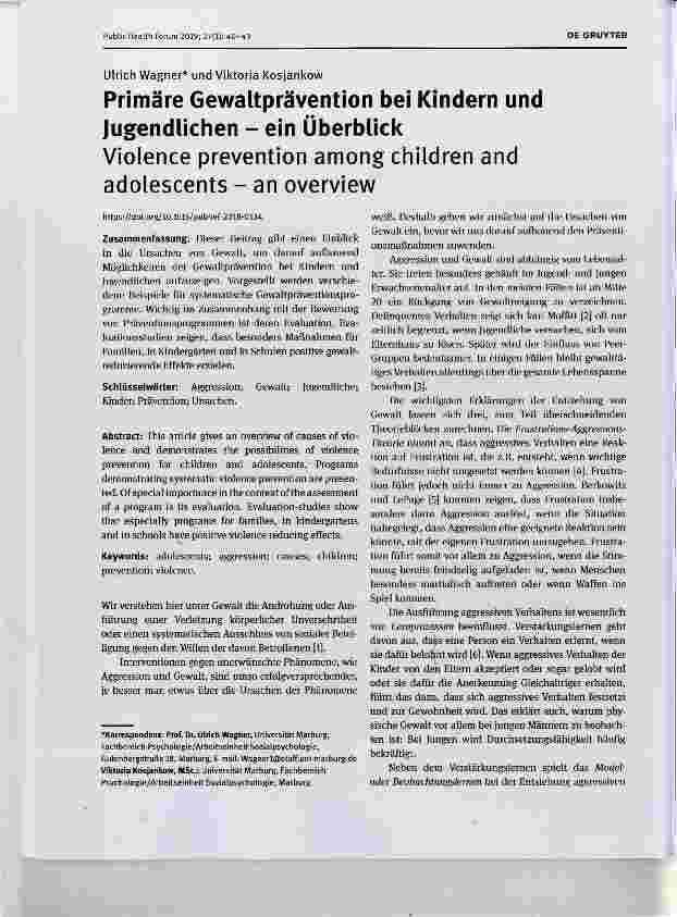 Vorschauseite 1: Primäre Gewaltprävention bei Kindern und Jugendlichen ein Überblick
