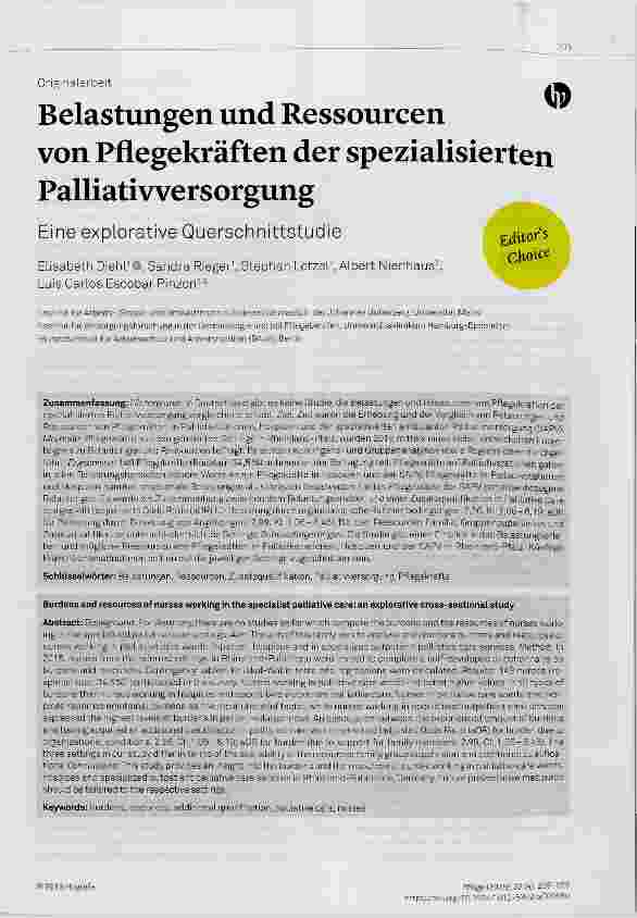 Vorschauseite 1: Belastungen und Ressourcen von Pflegekräften der spezialisierten Palliativversorgung
