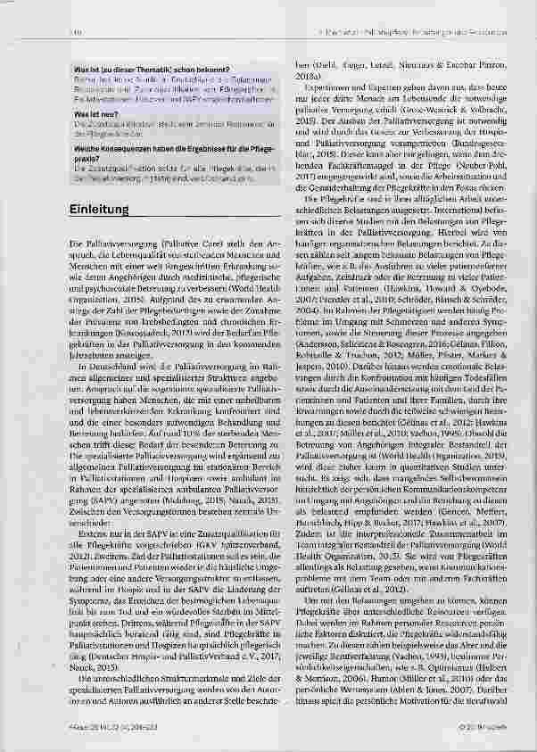 Vorschauseite 2: Belastungen und Ressourcen von Pflegekräften der spezialisierten Palliativversorgung