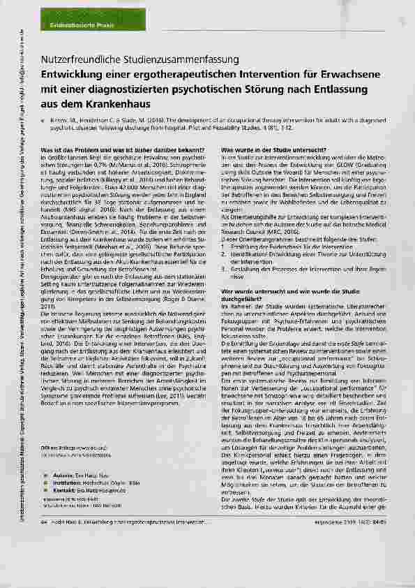 Vorschauseite 1: Nutzerfreundliche Studienzusammenfassung Entwicklung einer ergotherapeutischen Intervention für Erwachsene mit einer diagnostizierten psychotischen Störung nach Entlassung aus dem…