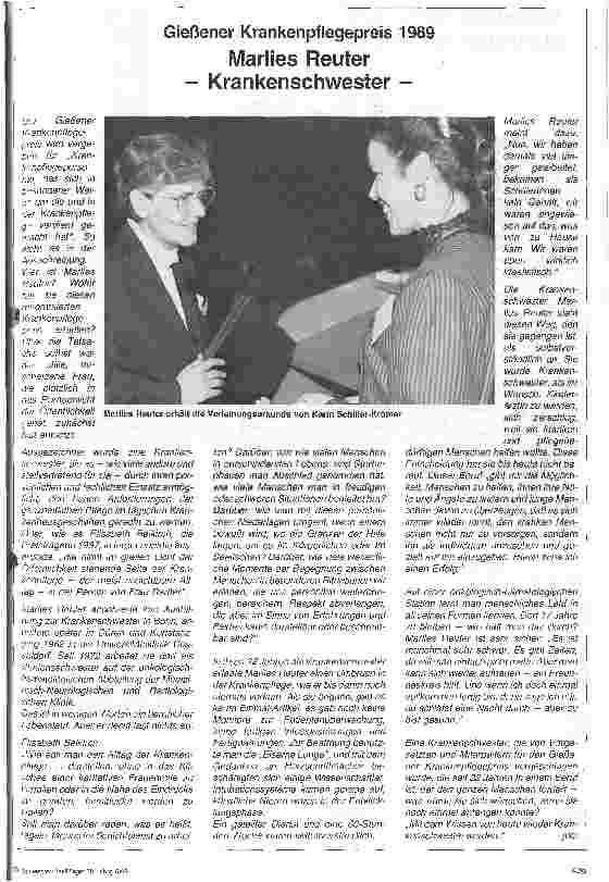Vorschauseite 1: Gießener Krankenpflegepreis 1989 Marlies Reuter - Krankenschwester -