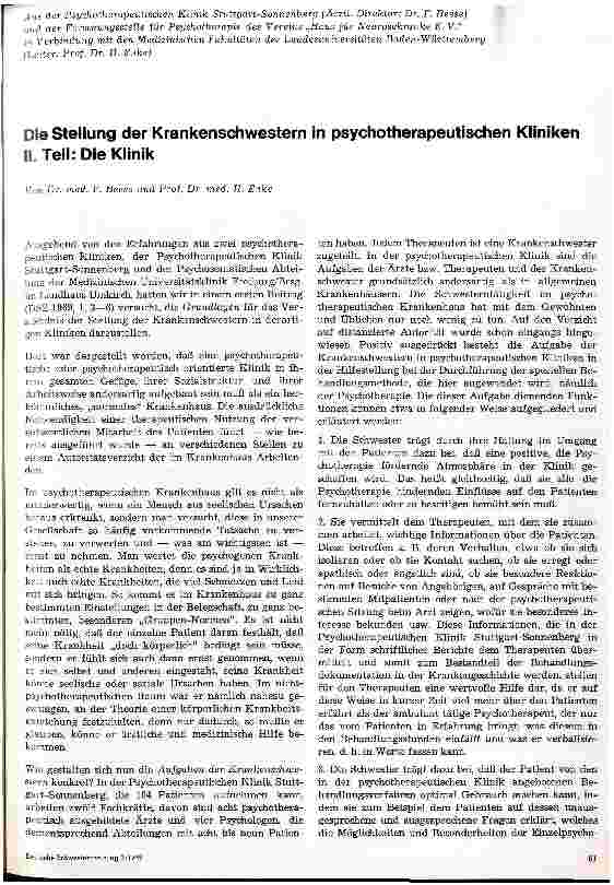 Vorschauseite 1: Die Stellung der Krankenschwestern in psychotherapeutischen Kliniken II. Teil: Die Klinik