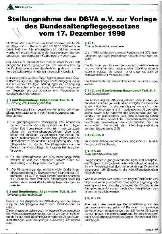 Vorschauseite 1: Stellungnahme des DBVA e.V. zur Vorlage des Bundesaltenpflegegesetzes vom 17. Dezember 1998