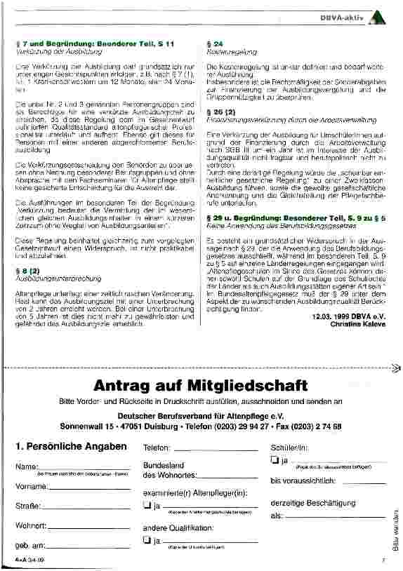 Vorschauseite 2: Stellungnahme des DBVA e.V. zur Vorlage des Bundesaltenpflegegesetzes vom 17. Dezember 1998
