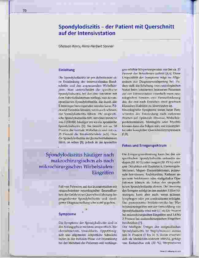 Vorschauseite 1: Spondylodiszitis der Patient mit Querschnitt auf der Intensivstation