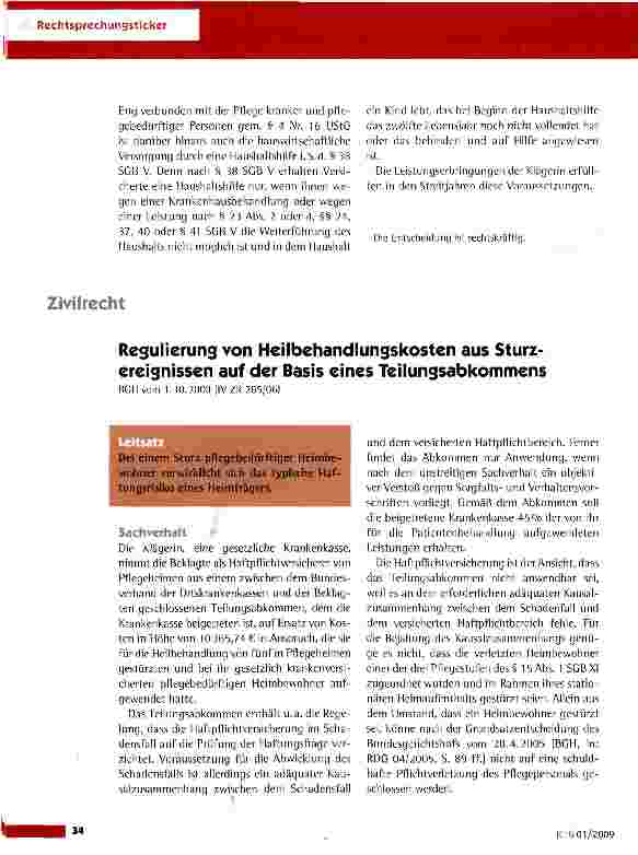 Vorschauseite 1: Regulierung von Heilbehandlungskosten aus Sturzereignissen auf der Basis eines Teilungsabkommens