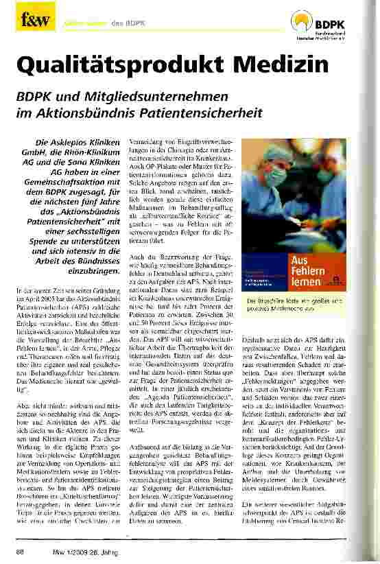 Vorschauseite 1: Qualitätsprodukt MedizinBDPK und Mitgliedsunternehmenim Aktionsbündnis Patientensicherheit