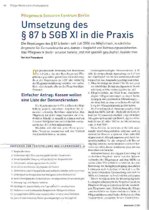 Vorschauseite 1: Pflegewerk Senioren Centrum BerlinUmsetzung des § 87 bSGB XI in die Praxis