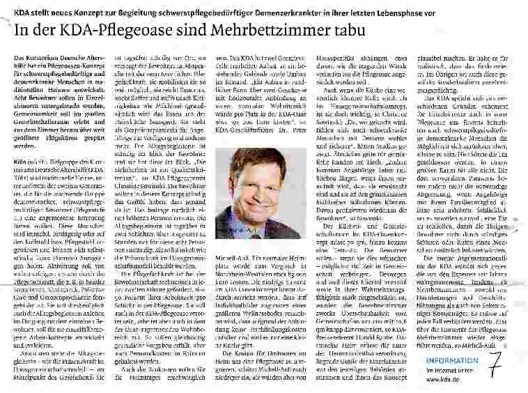 Vorschauseite 1: KDA stellt neues Konzept zur Begleitung schwerstpflegebedürftiger Demenzerkrankter in ihrer letzten Lebensphase vorIn der KDA-Pflegeoase sind Mehrbettzimmer tabu