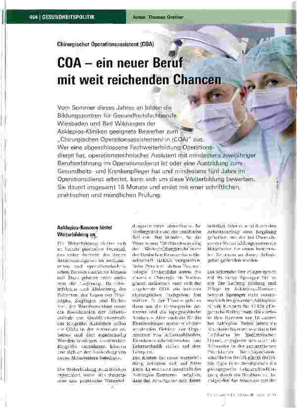 Vorschauseite 1: Chirurgischer Operationsassistent (COA)COA - ein neuer Beruf mit weit reichenden Chancen