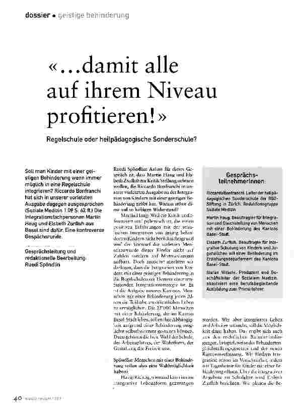 Vorschauseite 1: «...damit alle auf ihrem Niveau profitieren!»Regelschule oder heilpädagogische Sonderschule?