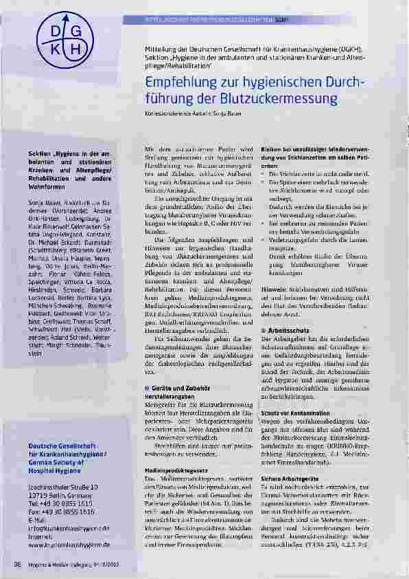 Vorschauseite 1: Empfehlung zur hygienischen Durchführung der Blutzuckermessung