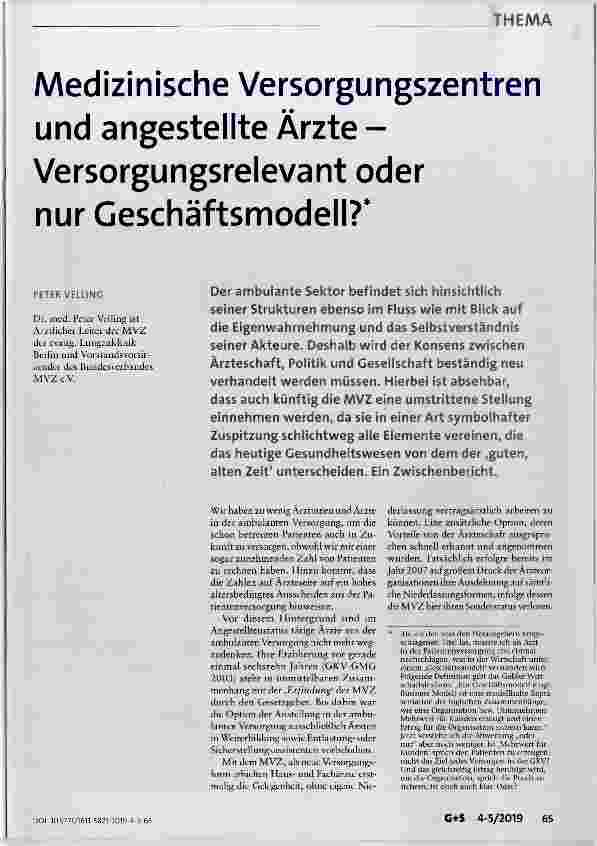 Vorschauseite 1: Medizinische Versorgungszentren und angestellte Ärzte Versorgungsrelevant oder nur Geschäftsmodell?