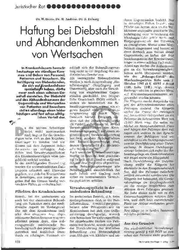 Vorschauseite 1: Haftung bei Diebstahl und Abhandenkommen von Wertsachen