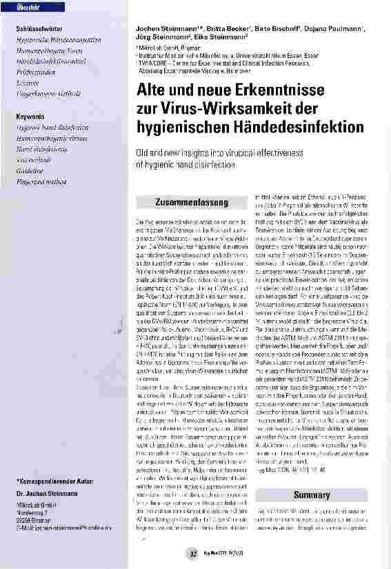 Vorschauseite 1: Alte und neue Erkenntnisse zur Virus-Wirksamkeit der hygienischen Händedesinfektion