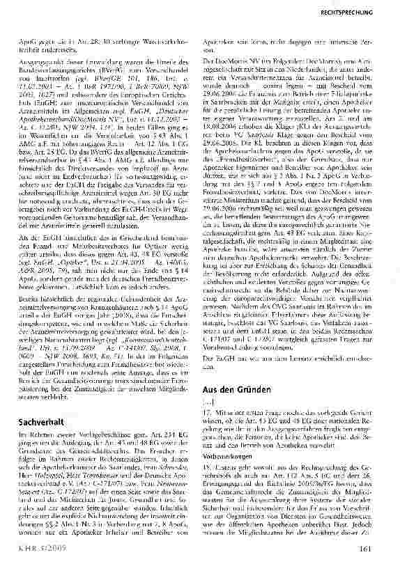 Vorschauseite 2: Apothekenrechtliches Fremdbesitzverbot verstößt nicht gegen Grundfreiheiten der EU