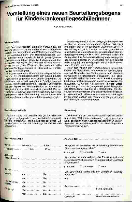 Vorschauseite 1: Vorstellung eines neuen Beurteilungsbogens für Kinderkrankenpflegeschülerinnen