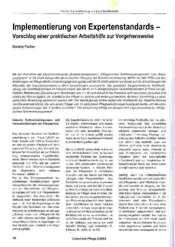 Vorschauseite 1: Implementierung von Expertenstandards -Vorschlag einer praktischen Arbeitshilfe zur Vorgehensweise