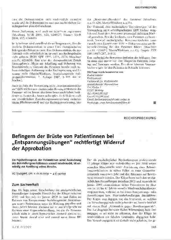 Vorschauseite 1: Befingern der Brüste von Patientinnen bei „Entspannungsübungen rechtfertigt Widerruf der Approbation