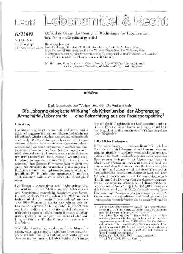 Vorschauseite 1: Die „pharmakologische Wirkung als Kriterium bei der Abgrenzung Arzneimittel/Lebensmittel — eine Betrachtung aus der Praxisperspektive