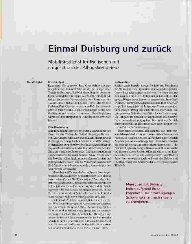 Vorschauseite 1: Einmal Duisburg und zurück Mobilitätsdienst für Menschen mit eingeschränkter Alltagskompetenz