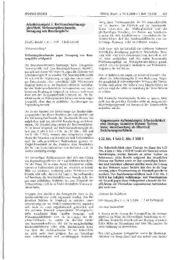 Vorschauseite 1: Arbeitslosengeld II; Rechtswahrnehmungsgleichheit; Verfassungsbeschwerde; Versagung von Beratungshilfe