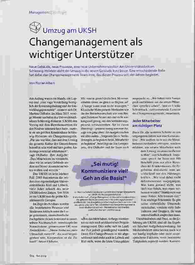 Vorschauseite 1: Umzug am UKSH Changemanagement als wichtiger Unterstützer