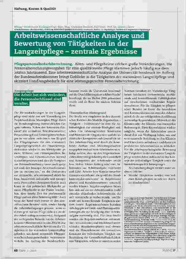 Vorschauseite 1: Arbeitswissenschaftliche Analyse und Bewertung von Tätigkeiten in der Langzeitpflege zentrale Ergebnisse