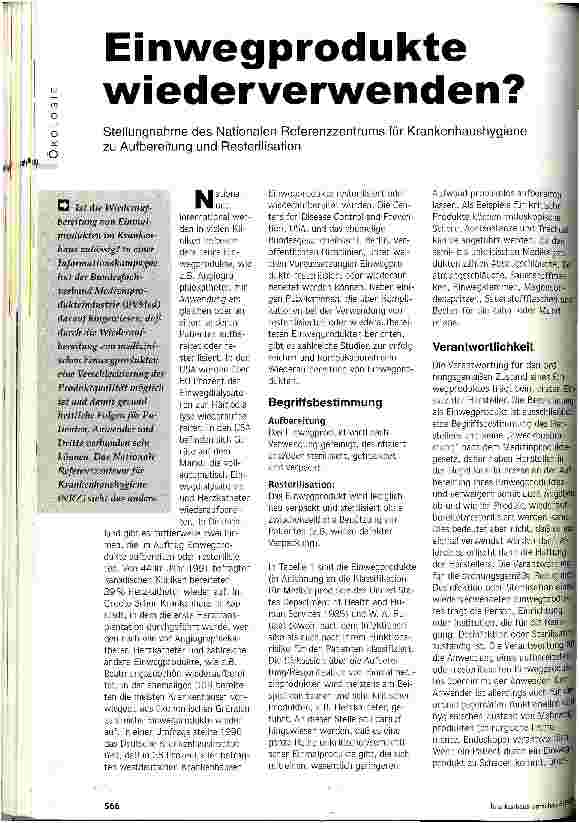 Vorschauseite 1: Einwegprodukte wiederverwenden? Stellungnahme des Nationalen Referenzzentrums für Krankenhaushygiene zu Aufbereitung und Resterilisation