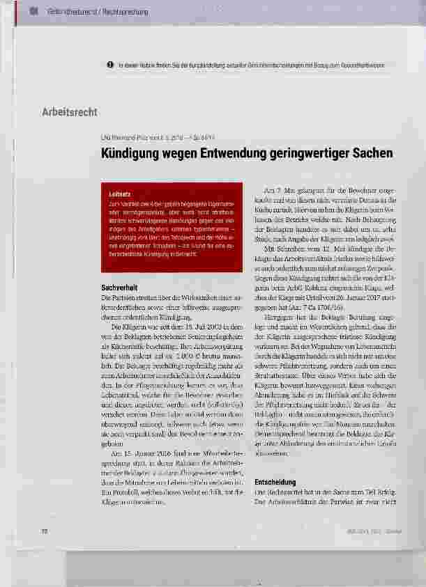 Vorschauseite 1: Kündigung wegen Entwendung geringwertiger Sachen
