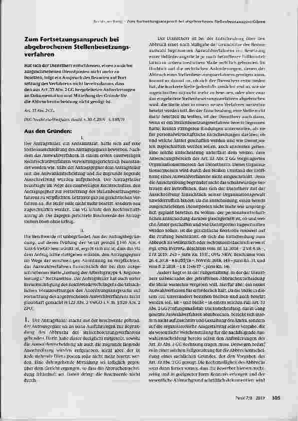 Vorschauseite 1: Zum Fortsetzungsanspruch bei abgebrochenen Stellenbesetzungsverfahren