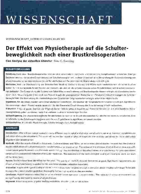 Vorschauseite 1: Der Effekt von Physiotherapie auf die Schulter beweglichkeit nach einer Brustkrebsoperation