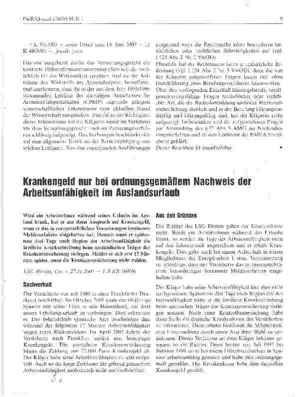 Vorschauseite 1: Krankengeld nur bei ordnungsgemäßem Nachweis der Arbeitsunfähigkeit im Auslandsurlaub