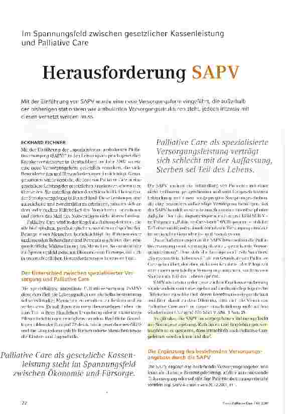 Vorschauseite 1: Im Spannungsfeld zwischen gesetzlicher Kassenleistung und Palliative CareHerausforderung SAPV