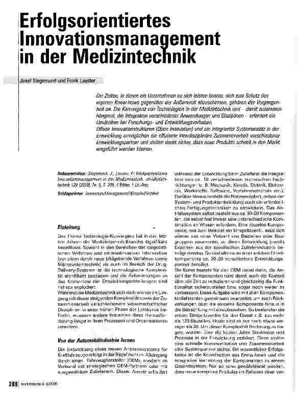 Vorschauseite 1: Erfolgsorientiertes Innovationsmanagement in der Medizintecnnik